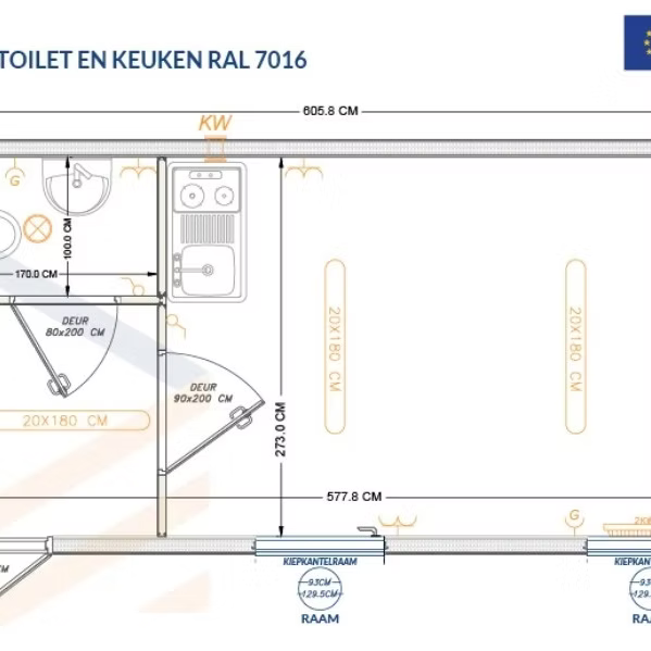 Conteneur isolé 6 × 3 m avec coin sanitaire et cuisine