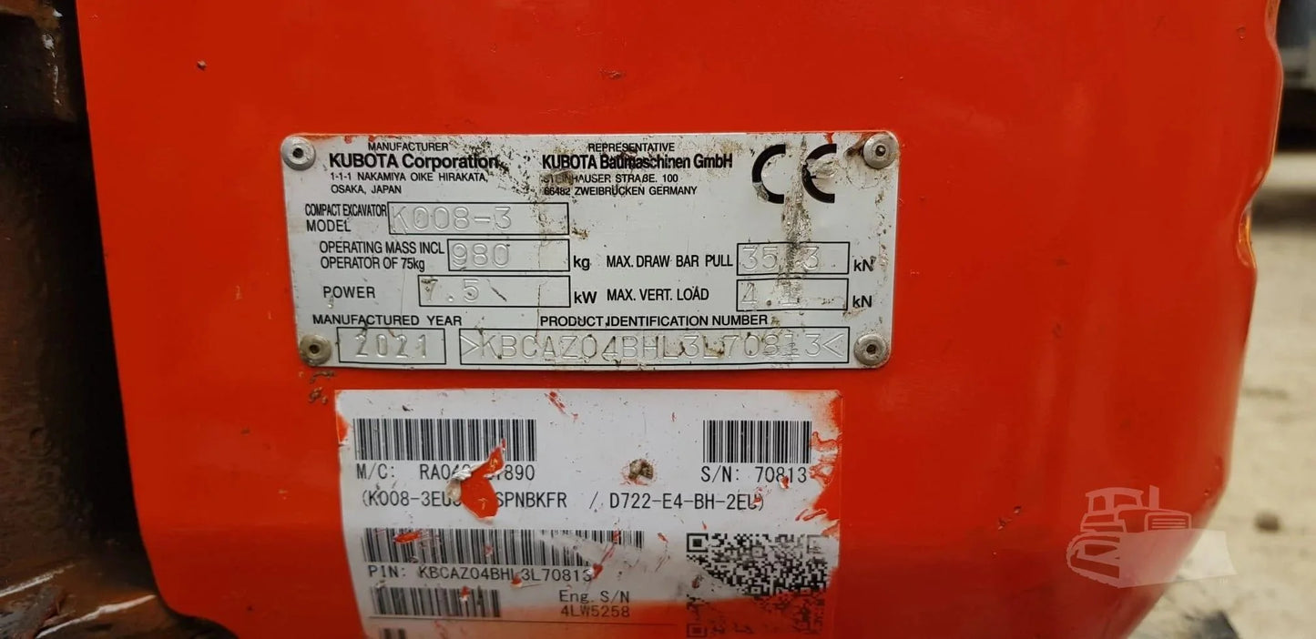 Mini-pelle Kubota K008-3 – 0,98 t – avec 3 godets